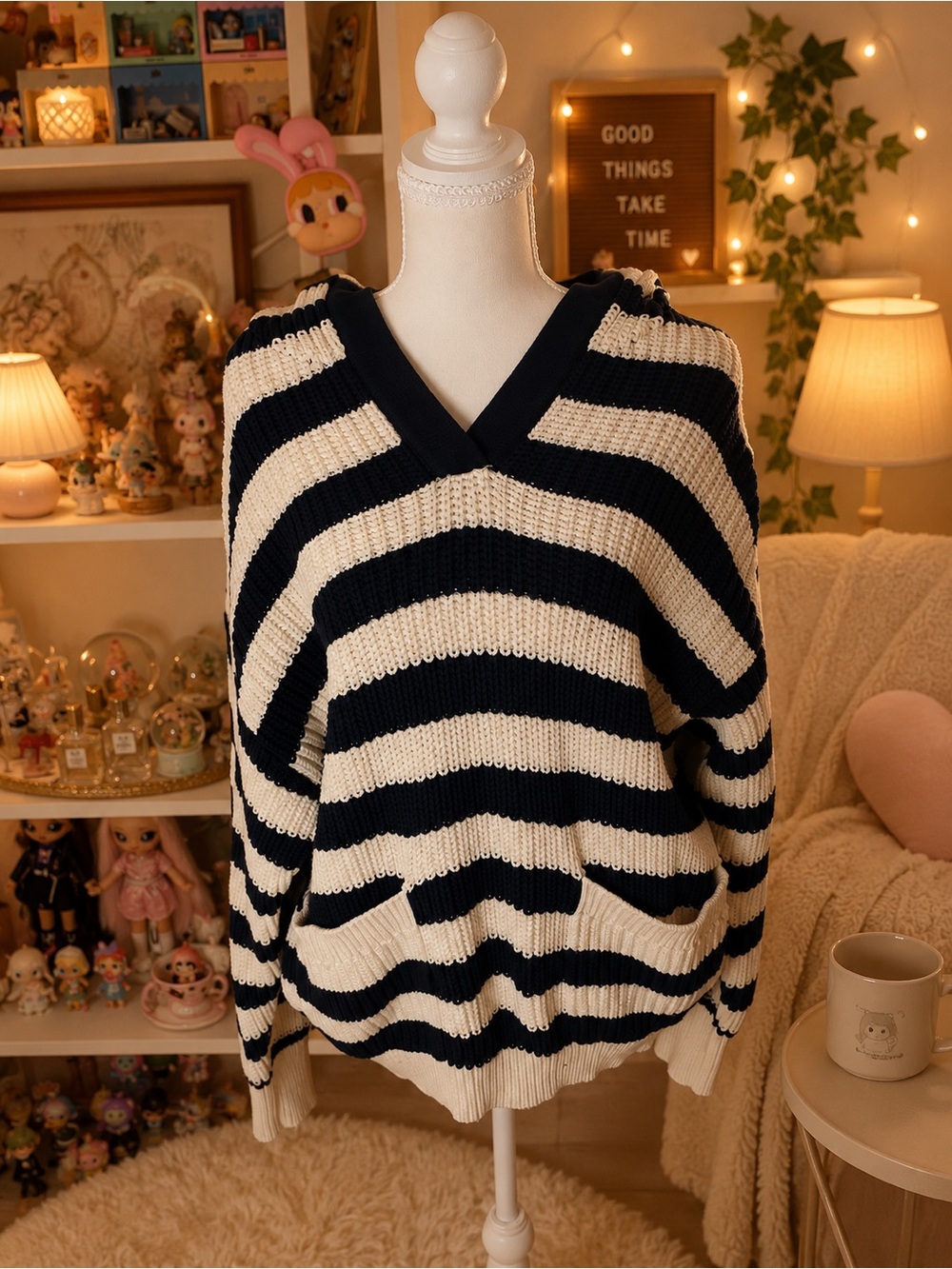 ZARA Navy & Cream Striped Knit Hooded Sweater Oversized Size M